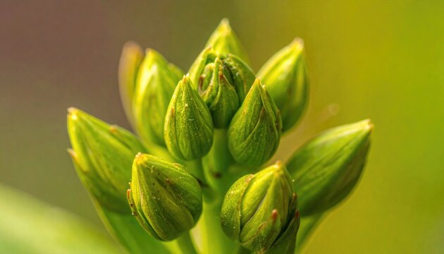 Delicate Green Flower Buds Covered in Water Droplets Bathed in Soft Backlighting