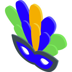 Abstract Masquerade Mask With Blue Eye Covers And Green Orange Feather Accents Rendered In A Flat Isometric Style On A Transparent Background