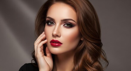 Fototapeta premium Glamorous portrait of a beautiful woman with professional makeup and tousled hair illustration