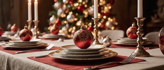festive table setting with stacked plates ready for a christmas dinner celebration | christmas, holiday, dinner, celebration, festive theme