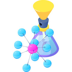 Abstract Molecular Structure Illustration With Pink Center And Blue Spheres Connected By Lines And Yellow Funnel Lab Equipment In Isometric Style Transparent Background