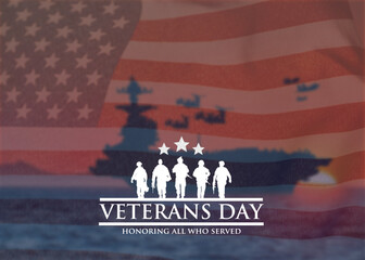 Patriotic Veterans Day illustration with U.S. flag, navy ship, and soldier silhouettes. Best for honoring veterans, military heroes, national remembrance and American pride theme. 