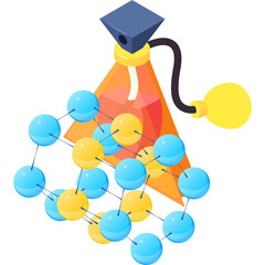 Abstract molecular structure simulation with glowing scientific light beam originating from a hexagonal prism apparatus with illuminated bulb on transparent background