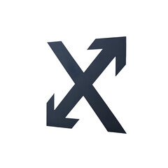 Fototapeta premium Abstract dark gray X-shaped symbol created by two arrows pointing in opposite directions isolated on transparent background