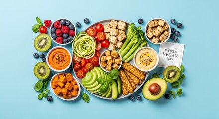 Vibrant vegan platter bursting with healthy fresh fruits vegetables tofu tempeh and creamy hummus perfect for mindful eating and celebrating World Vegan Day nourishment