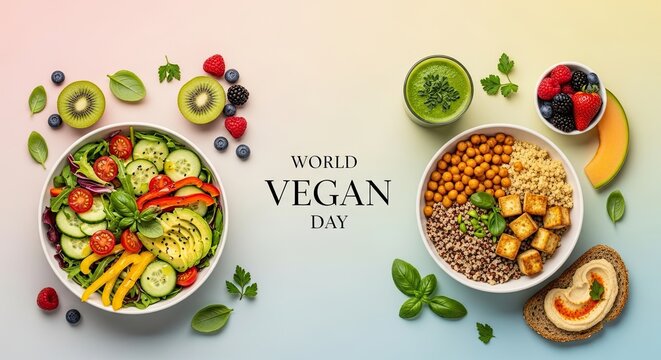 Vibrant vegan bowls bursting with fresh ingredients, healthy smoothie, and delicious hummus toast celebrate World Vegan Day with colorful plant-based goodness and wholesome nutrition. - Powered by Adobe