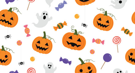 Halloween themed pattern with pumpkins ghosts and candies.