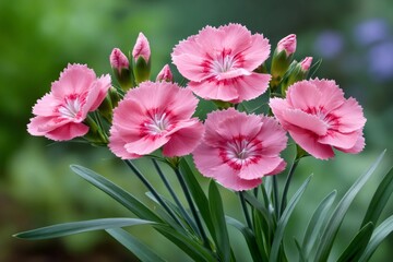 Fototapeta premium Pink dianthus flowers blooming in a natural garden setting