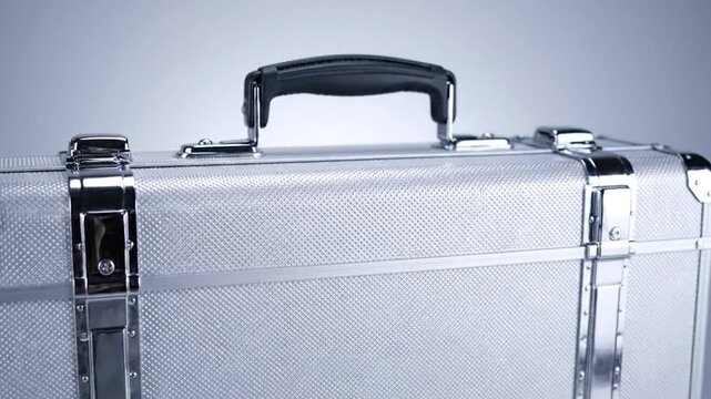 A close-up view of a metallic suitcase with a handle and silver hardware. Textured surface