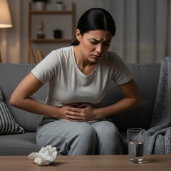 Obraz premium Young woman experiencing stomach pain while sitting on a couch with a glass of water