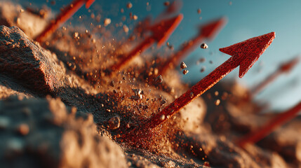 Rising arrows on rocky background representing determination resilience and progress in business