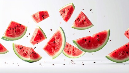 Juicy Watermelon Slices Floating in the Air on a White Background with Food Art.