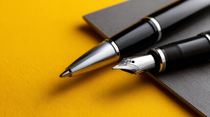 Two pens are lying on grey notebook over yellow background. They exude professionalism and invite creativity for writing notes and drafting ideas