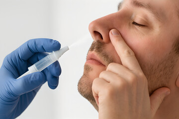 Photorealistic intranasal influenza vaccine (LAIV) use, adult patient tilting head slightly back, nasal spray applicator at one nostril with a fine atomized mist visible