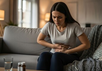 Obraz premium Young woman sitting on couch holding her stomach in pain Stomach ache Discomfort