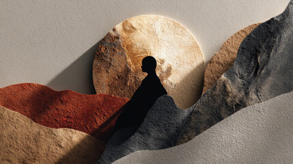 Centered silhouette contemplates in desert landscape, feeling profound solitude, an abstract representation of psychologist centered world, vast and surreal vista