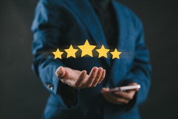 Customer evaluation feedback.m Woman in suit Giving Positive Review for Client's Satisfaction...