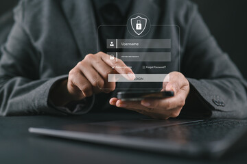 User typing login and password at home, secure access to the personal information and big data. cyber security, the digital crime concept, and data protection from hackers.