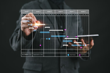 Project manager working with Gantt chart schedule to plan tasks and deliverables. Scheduling activities with a planning software, Corporate strategy for finance, operations, sales, marketing.