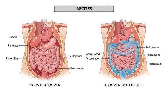 Ascites medical diagram showing fluid buildup in abdomen compared to normal illustration