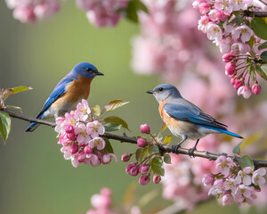 Two vibrant bluebirds perch delicately amidst blooming pink cherry blossoms, signaling the joyous arrival of spring's natural beauty.