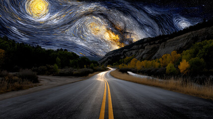 Landscape shows road under majestic starry night, creating sense of wonder and awe. It invites viewers to embark on journey through this surreal landscape