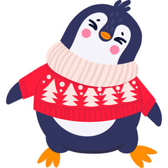 Adorable Penguin Wearing a Red Christmas Sweater with White Trees and a Cream Scarf Standing with Arms Outstretched