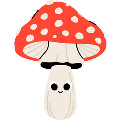 Amanita Muscaria Mushroom Character with Cute Eyes and Red Cap with White Spots on White Background
