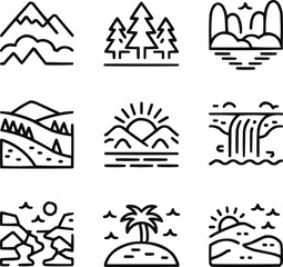 Fototapeta premium Natural Landscape Outline Icon Set Mountains, Trees, Lakes, and Outdoor Scenery