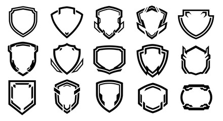 A diverse collection of futuristic and modern shield outlines. Black geometric vector shapes perfect for gaming logos, esports team emblems, or tech badges.