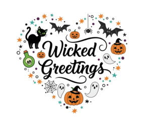 Wicked Greetings Heart Shape Halloween Graphic with Black Cat and Pumpkins