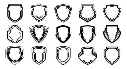 Set of various futuristic shield outline icons. These black geometric vector shapes are ideal for designing gaming clan logos, esports emblems, or modern tech badges.
