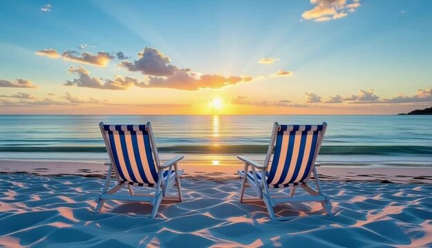 Beach chairs on the beach against crashing ocean waves on sunset sky