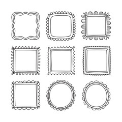 Collection of nine hand drawn black and white decorative square and circular frames border
