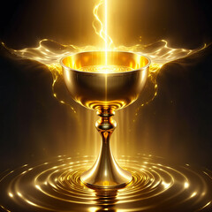 Golden chalice radiating beams of light above swirling liquid surface reflecting the brightness in a rich, vivid gold color, creating a sense of mystique and allure in a captivating scene.