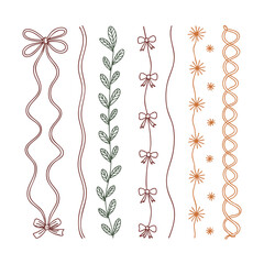 Hand drawn decorative borders with bows leaves and stars doodle line art