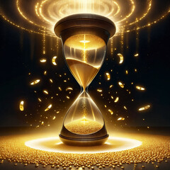 Golden hourglass pouring glittering sand with luminous particles surrounding it in a dark background creating a mystical and enchanting atmosphere full of light.
