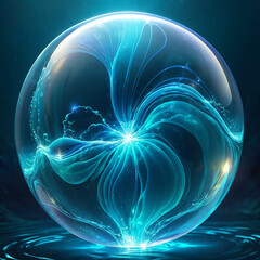Radiant glowing blue orb with swirling light patterns and reflections against a dark background, creating a captivating and ethereal atmosphere filled with energy and motion.
