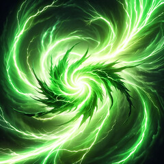 Ethereal green vortex swirling with electric energy, dynamic light patterns radiating outward, creating a mystical atmosphere of movement and power.