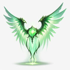 Elegant green wing design with intricate details and a glowing gemstone center, radiating ethereal light and fantasy elements, perfect for digital art and character design inspiration.