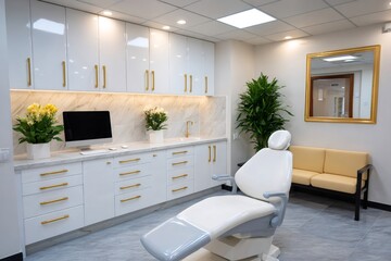 Dentist office interior featuring modern dental chair and equipment