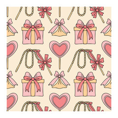 Pink and yellow gift boxes bows heart lollipops and pearl necklaces seamless pattern present
