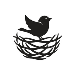 Black Silhouette of a Small Bird Sitting in a Nest