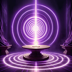 Vibrant purple energy emanating from a central pedestal, surrounded by concentric circular light patterns and mystical tree-like structures in a dark, ethereal space.