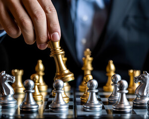 Strategic businessman makes decisive move with golden king on chessboard symbolizing victory and smart decision-making in business
