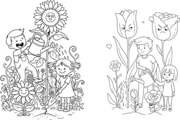 Children watering happy and angry flowers in garden, funny contrast concept, black and white line art, nature care illustration, playful cartoon drawing