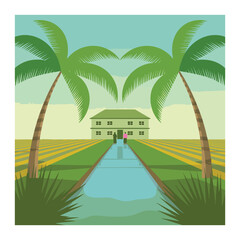 Two people stand before a green house with palm trees and a canal water