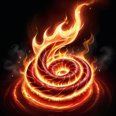 Spiraling red fire serpent with vibrant flames swirling around it and a dark background, creating an intense and mystical visual effect.