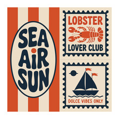Vintage Style Stamp Designs Lobster Sailboat Sea Air Sun Text vector