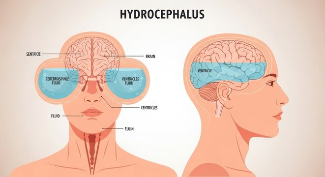 Understanding hydrocephalus medical diagram illustrating brain fluid buildup and effects on skull anatomy illustration